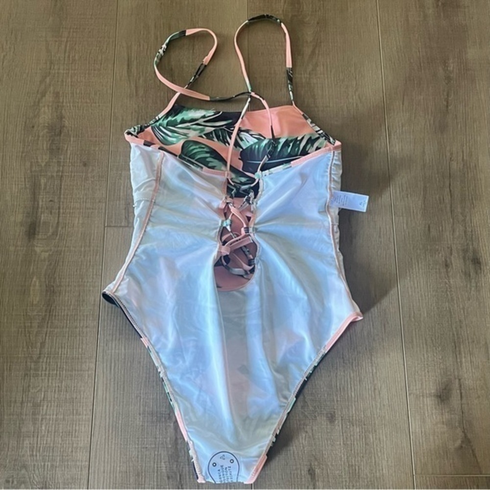 Waikiki Hawaii Orange & Green Palm Leaf‎ One Piece Swimsuit Lace Up Back NWT - Picture 8 of 12